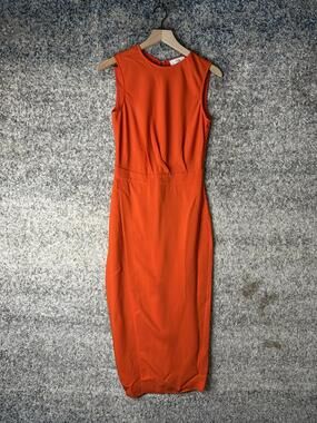 Reiss Dress Womens 4 Orange Sheath Midi Sleeveless Crew Neck Workwear Office